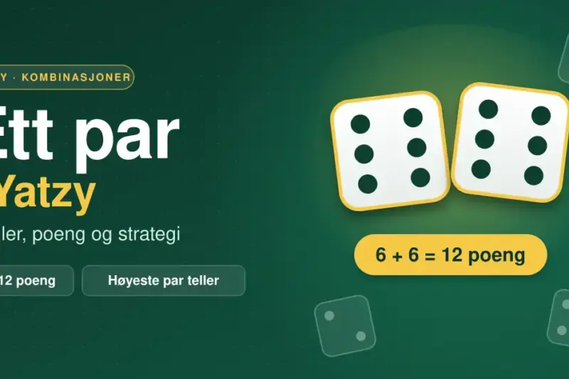 Grafikk på grønn bakgrunn med teksten «Ett par i Yatzy – Regler, poeng og strategi» og to fremhevede terninger som begge viser seks, merket «6 + 6 = 12 poeng», mens tre bleke terninger i bakgrunnen viser at de øvrige terningene ikke teller.