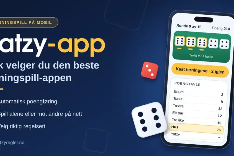 Illustrasjon av en mobiltelefon med en yatzy-app som viser terninger, en knapp for å kaste terningene og en poengtavle, ved siden av teksten «Yatzy-app: Slik velger du den beste terningspill-appen».