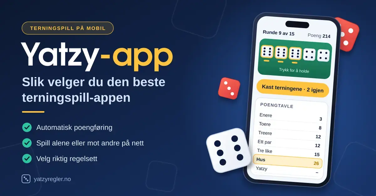 Illustrasjon av en mobiltelefon med en yatzy-app som viser terninger, en knapp for å kaste terningene og en poengtavle, ved siden av teksten «Yatzy-app: Slik velger du den beste terningspill-appen».