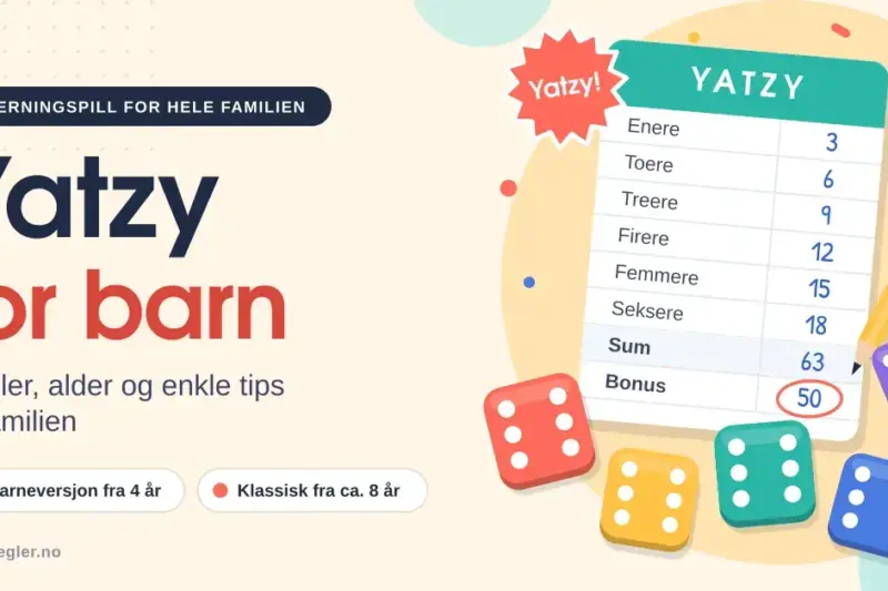 Illustrasjon med teksten «Yatzy for barn», fem fargerike terninger som alle viser seks, et utfylt Yatzy-poengskjema med blyant og aldersmerker for barneversjon fra 4 år og klassisk Yatzy fra ca. 8 år.