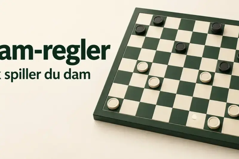 Et grønt og kremfarget dambrett med mørke og lyse brikker ved siden av teksten «Dam-regler – Slik spiller du dam».