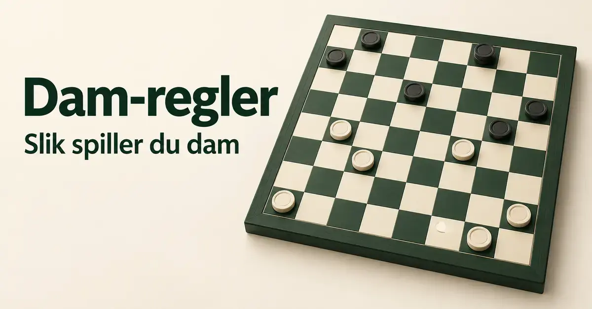 Et grønt og kremfarget dambrett med mørke og lyse brikker ved siden av teksten «Dam-regler – Slik spiller du dam».