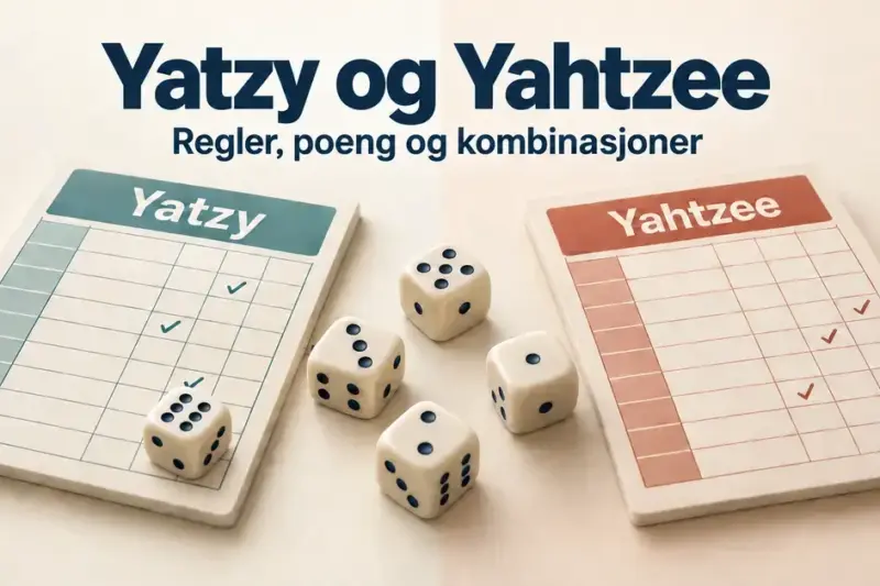 Fem terninger og to poengskjemaer illustrerer forskjellene mellom Yatzy og Yahtzee i regler, poeng og kombinasjoner.