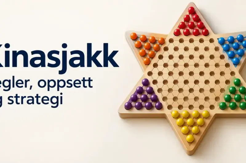 Stjerneformet kinasjakkbrett i tre med brikker i seks farger og teksten «Kinasjakk – Regler, oppsett og strategi».