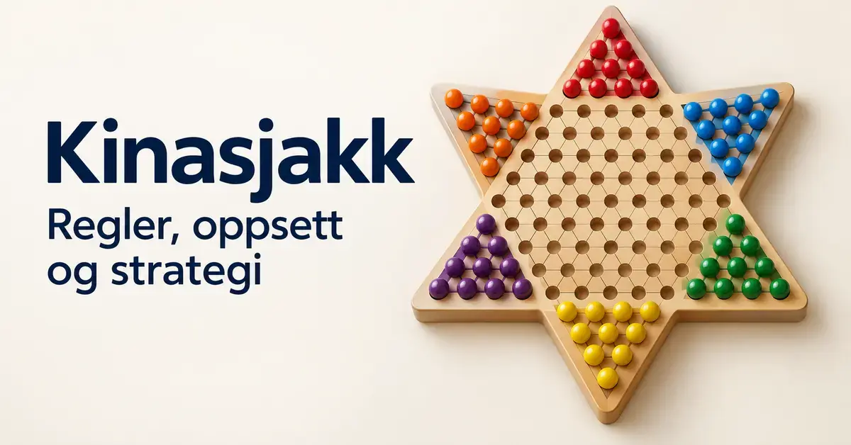 Stjerneformet kinasjakkbrett i tre med brikker i seks farger og teksten «Kinasjakk – Regler, oppsett og strategi».