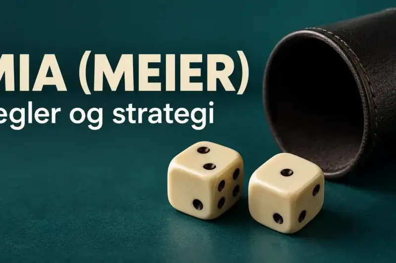 To terninger som viser to og én, ved siden av et svart terningbeger på grønn bakgrunn med teksten «Mia (Meier) – Regler og strategi».