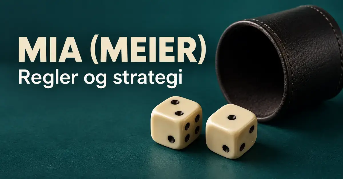 To terninger som viser to og én, ved siden av et svart terningbeger på grønn bakgrunn med teksten «Mia (Meier) – Regler og strategi».