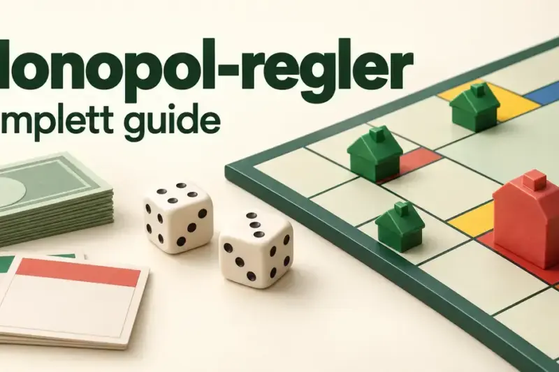 Illustrasjon av et spillebrett med grønne hus, et rødt hotell, terninger og lekepenger under teksten «Monopol-regler – Komplett guide».