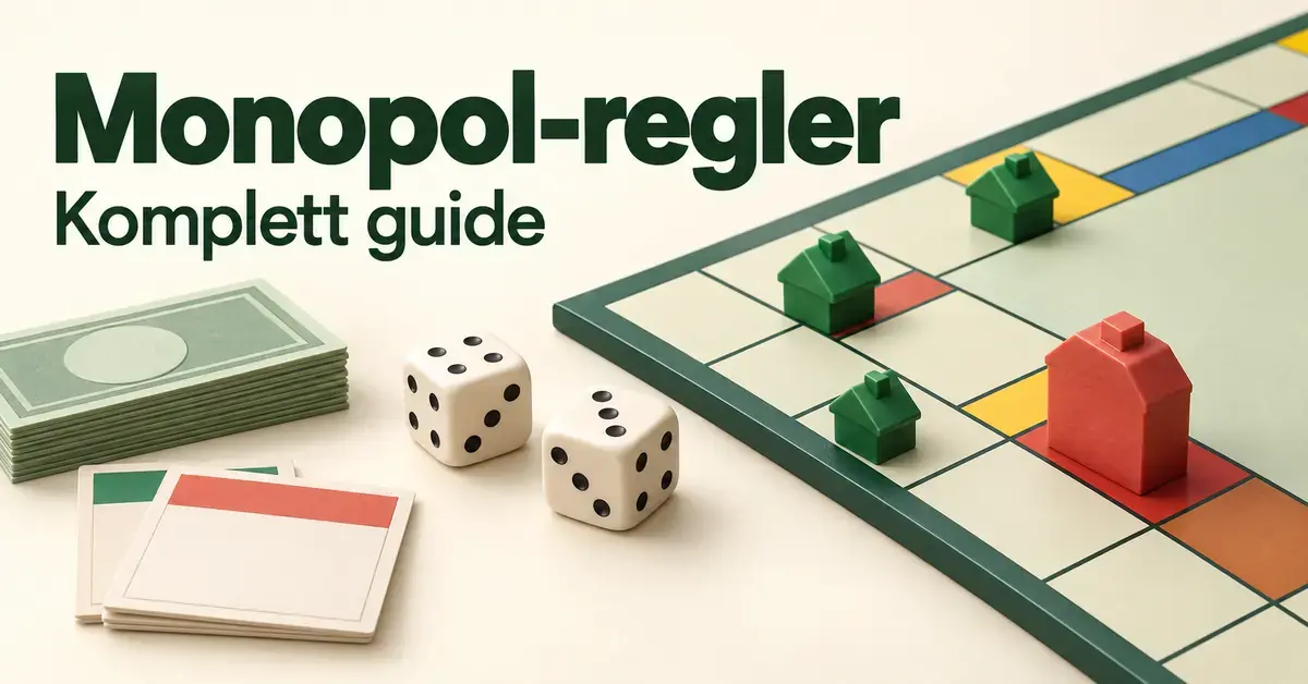 Illustrasjon av et spillebrett med grønne hus, et rødt hotell, terninger og lekepenger under teksten «Monopol-regler – Komplett guide».