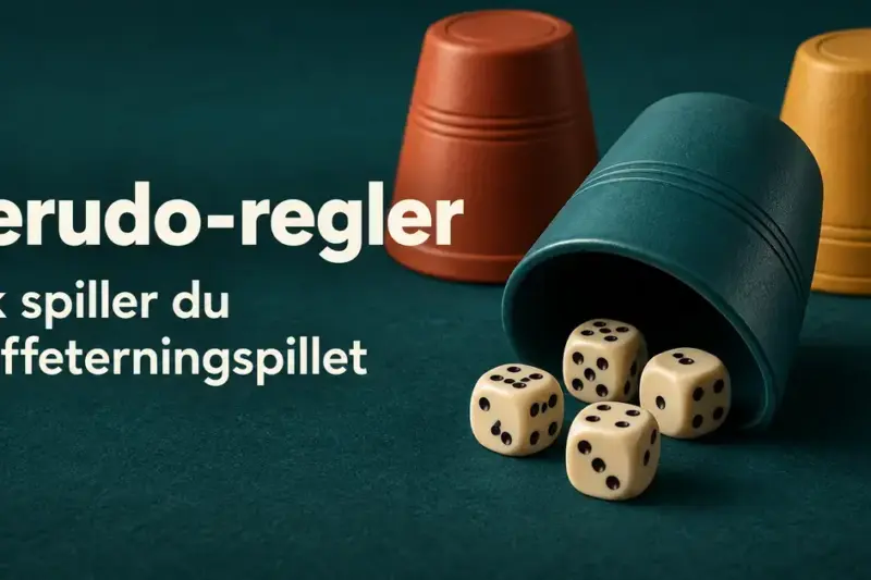 Tre fargerike Perudo-kopper og fire synlige terninger på et mørkt turkist bord, med teksten «Perudo-regler: Slik spiller du bløffeterningspillet».
