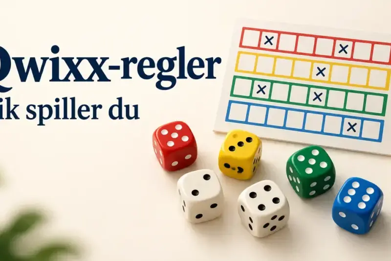 Seks terninger, en blyant og et poengskjema med fire fargerader illustrerer Qwixx-regler under teksten «Qwixx-regler – Slik spiller du».