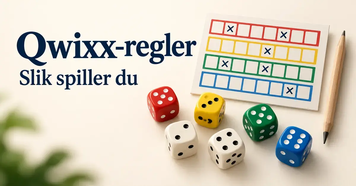 Seks terninger, en blyant og et poengskjema med fire fargerader illustrerer Qwixx-regler under teksten «Qwixx-regler – Slik spiller du».