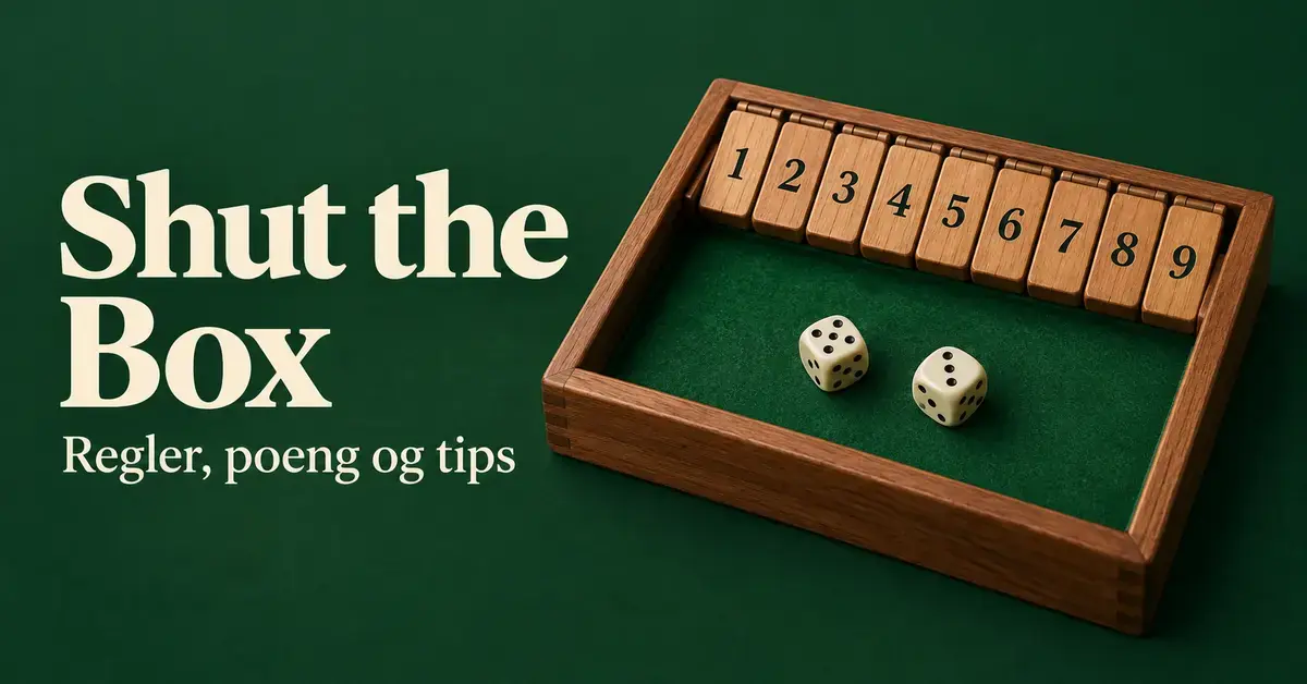 Shut the Box i en treboks med grønn filt, klaffer nummerert fra 1 til 9 og to terninger, ved siden av teksten «Shut the Box – Regler, poeng og tips».
