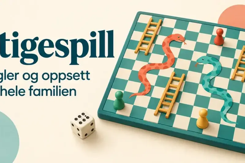 Illustrasjon av et stigespill med stiger, slanger, fargerike brikker og en terning, med teksten «Stigespill – Regler og oppsett for hele familien».
