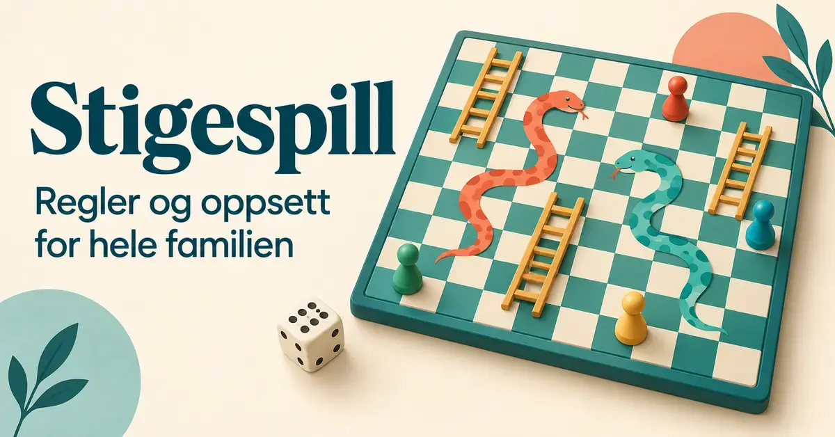 Illustrasjon av et stigespill med stiger, slanger, fargerike brikker og en terning, med teksten «Stigespill – Regler og oppsett for hele familien».
